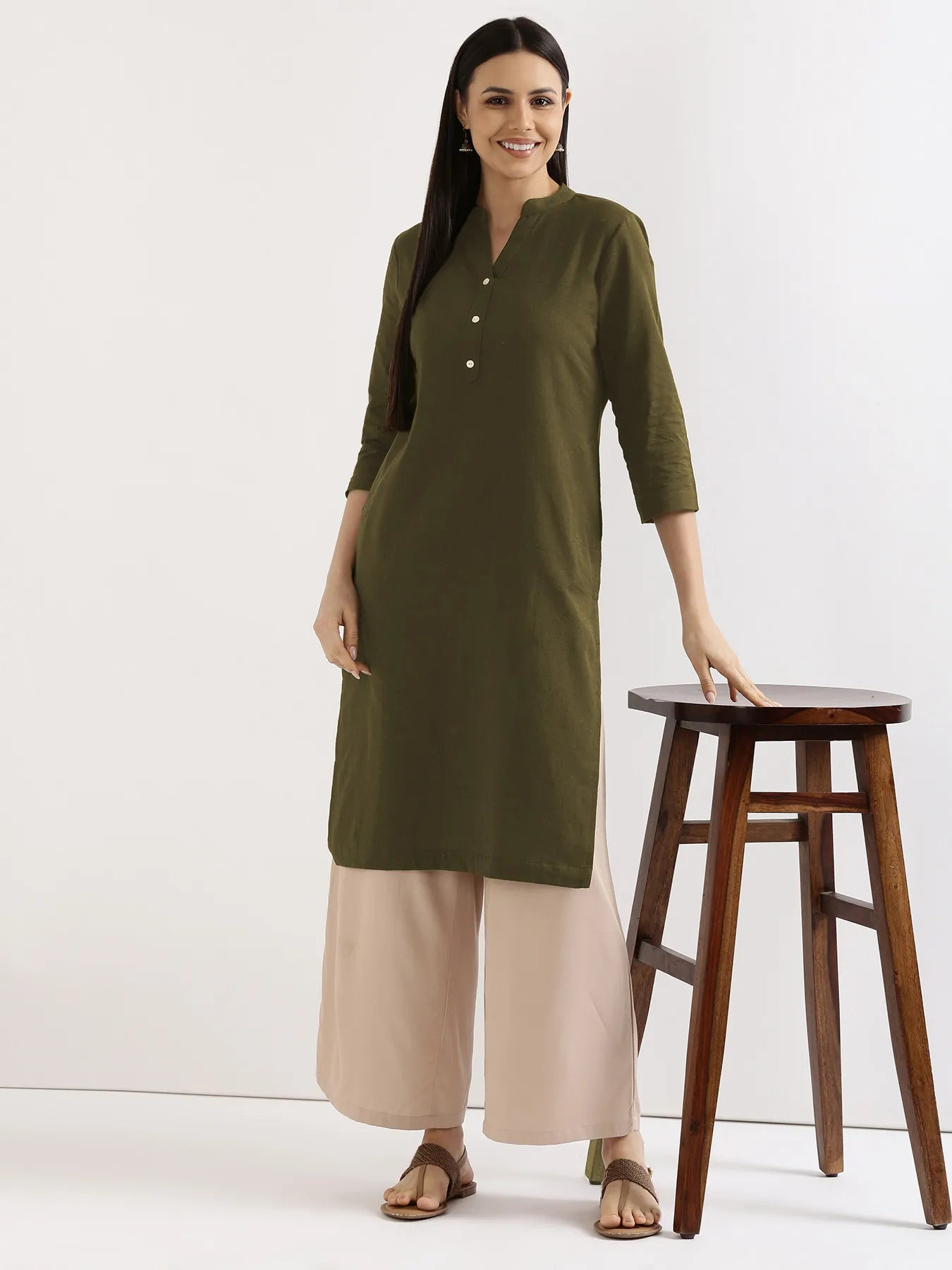 Women Olive Green Airy Linen Long Kurta