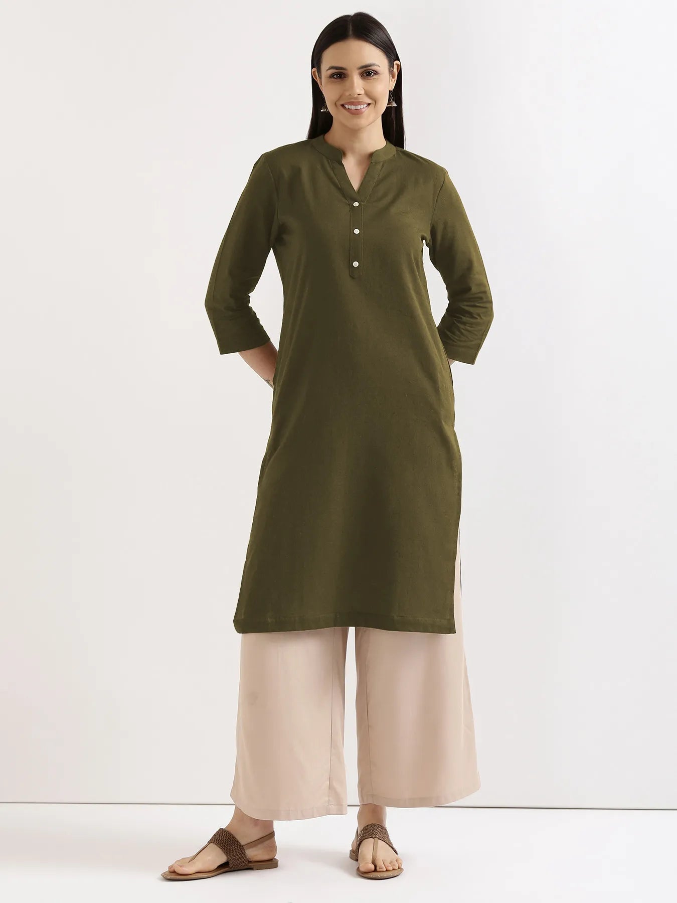 Women Olive Green Airy Linen Long Kurta