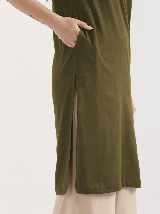 Women Olive Green Airy Linen Long Kurta