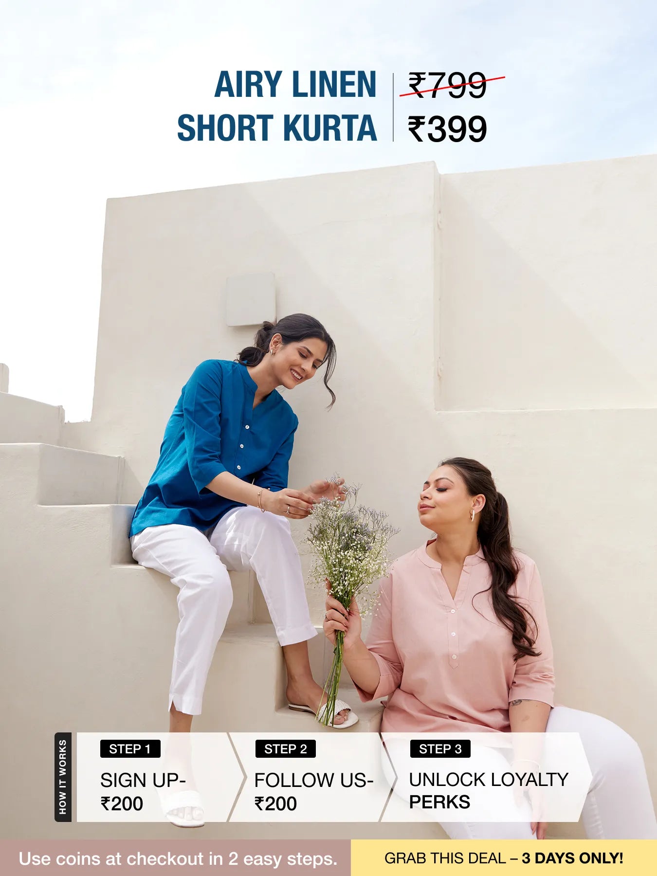 Women English Blue Airy Linen Short Kurta