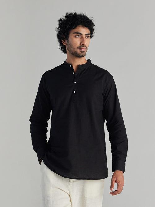 Men Black Airy Linen Short Kurtas