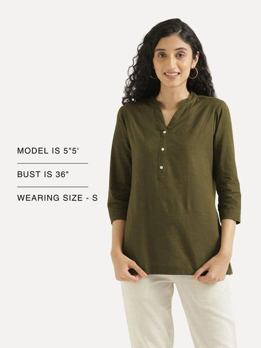 Women Olive Green Airy Linen Short Kurta