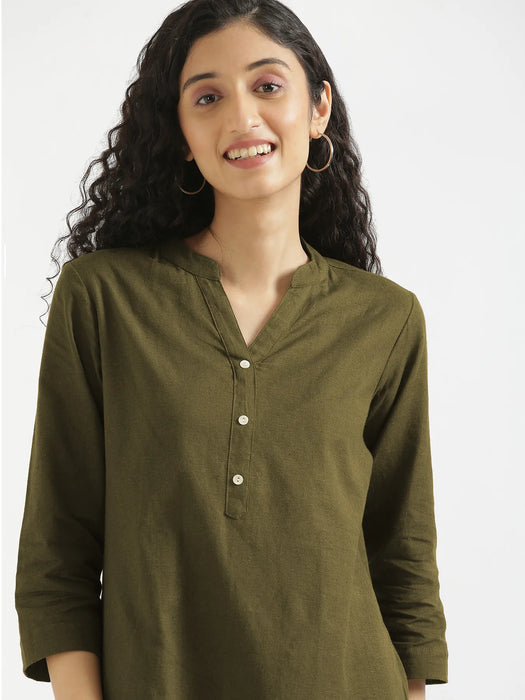Women Olive Green Airy Linen Short Kurta
