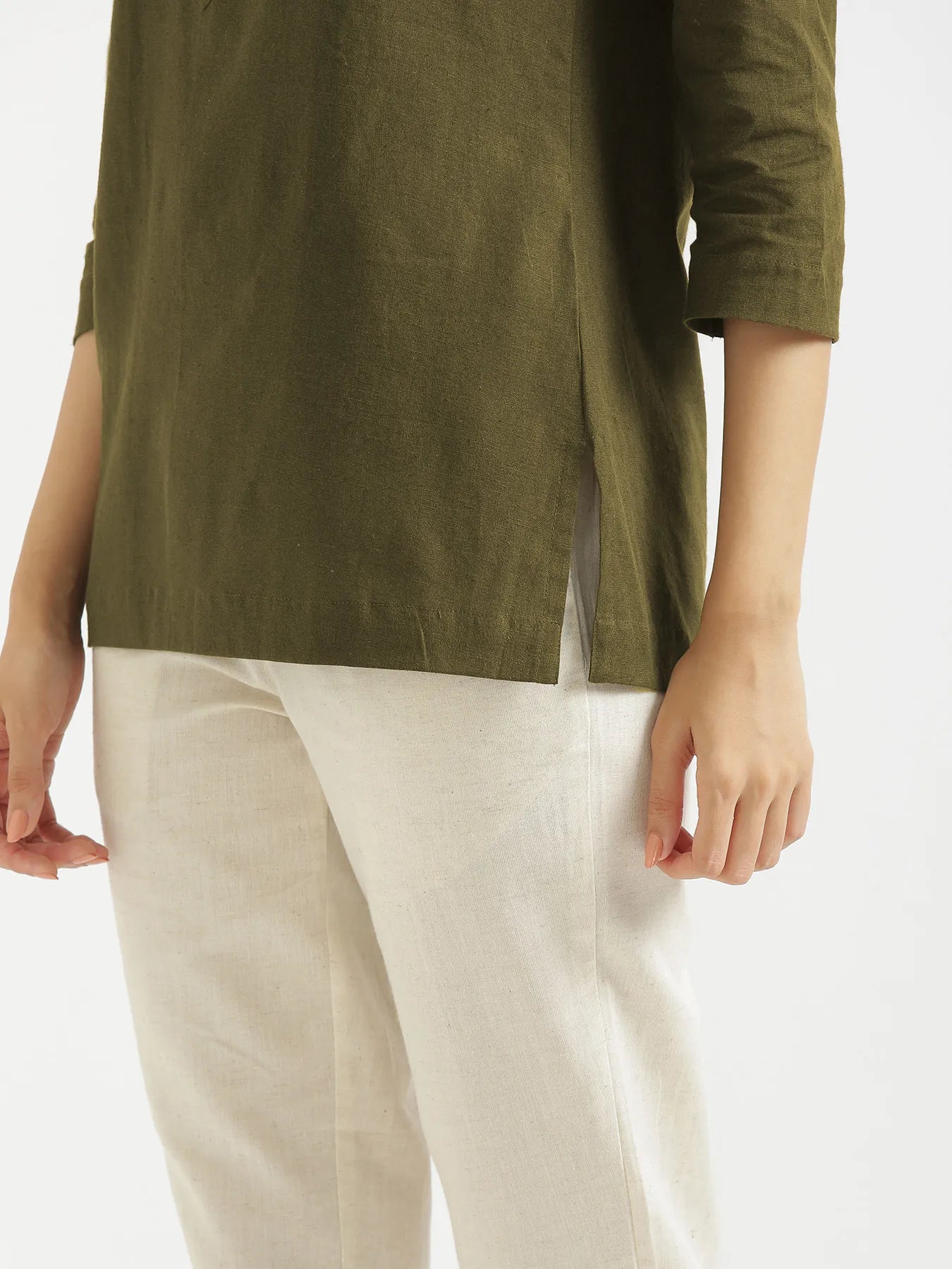 Women Olive Green Airy Linen Short Kurta