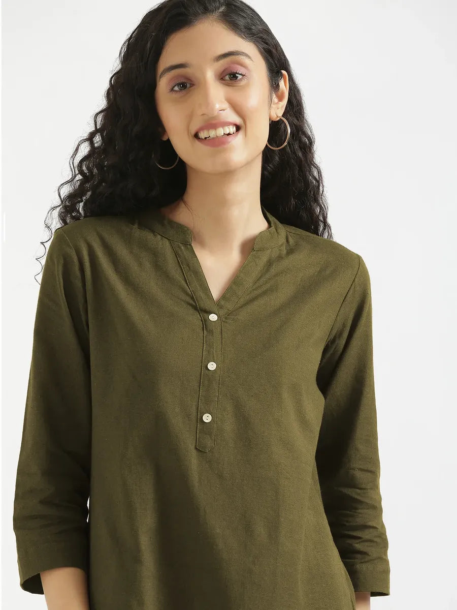 Pick Any 3 Women Airy Linen Short Kurta - Olive Green