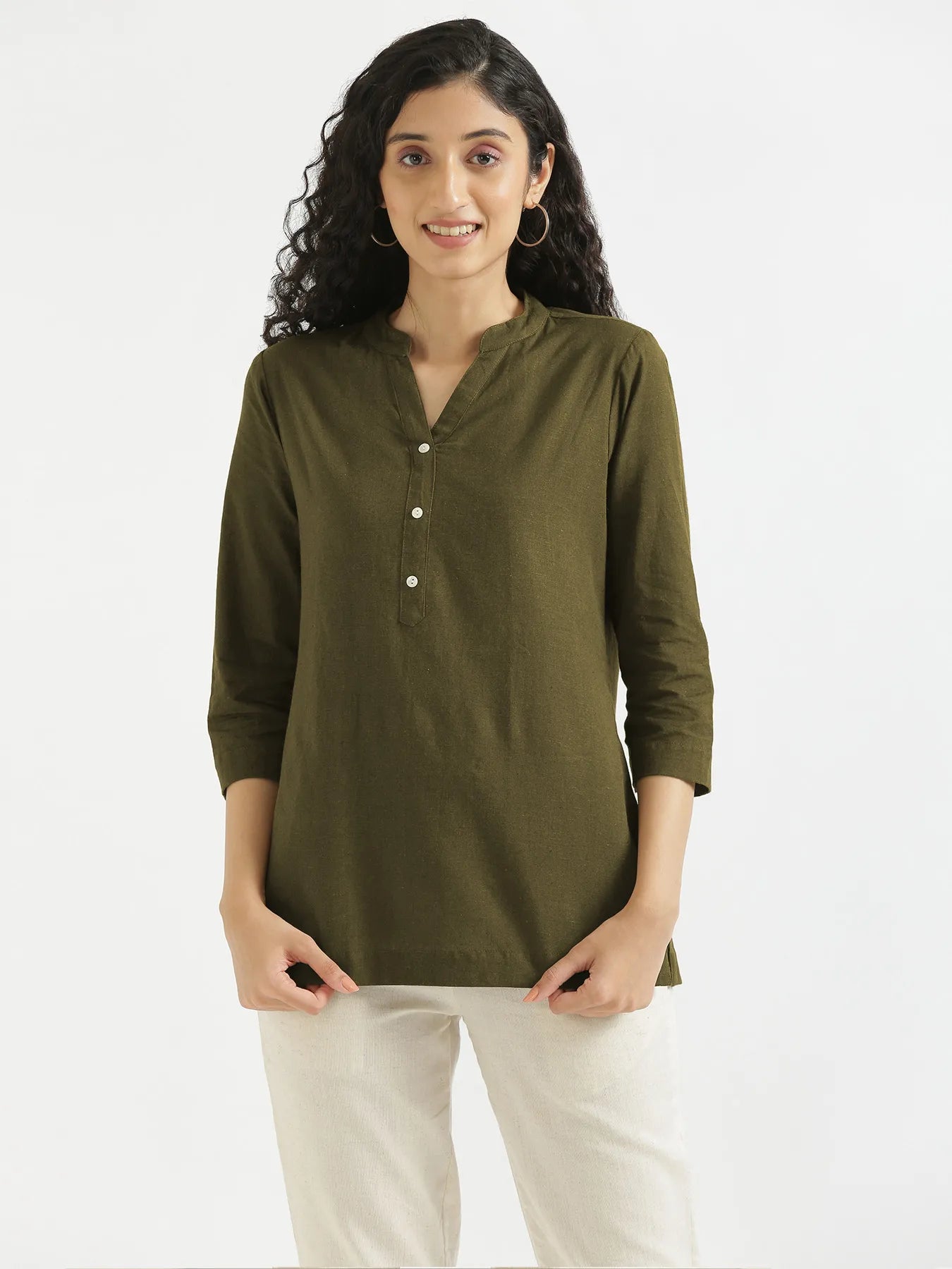 Women Olive Green Airy Linen Short Kurta