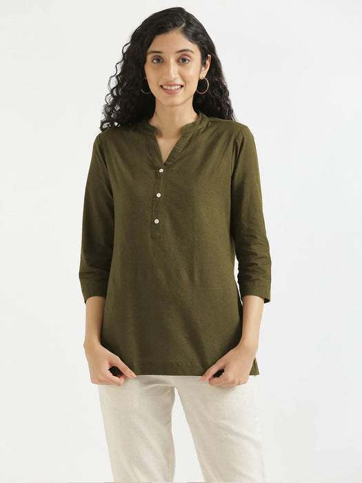 Women Olive Green Airy Linen Short Kurta