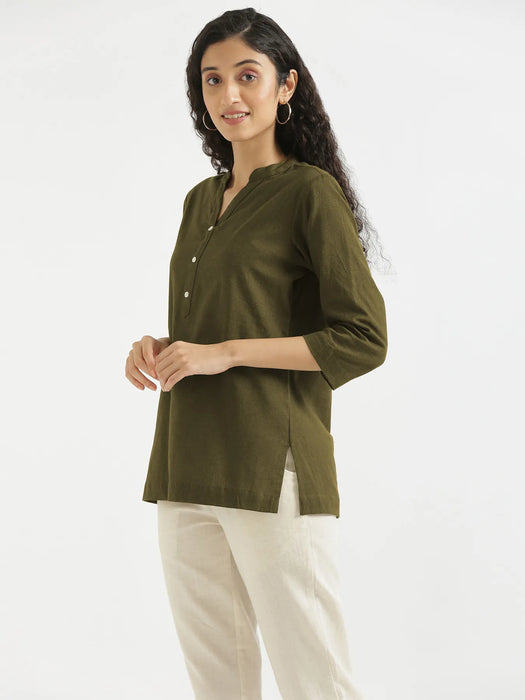 Women Olive Green Airy Linen Short Kurta