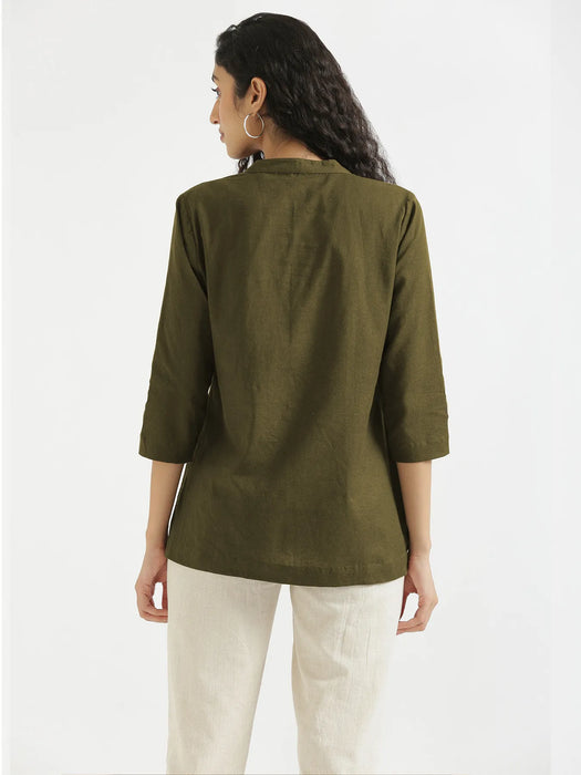 Women Olive Green Airy Linen Short Kurta