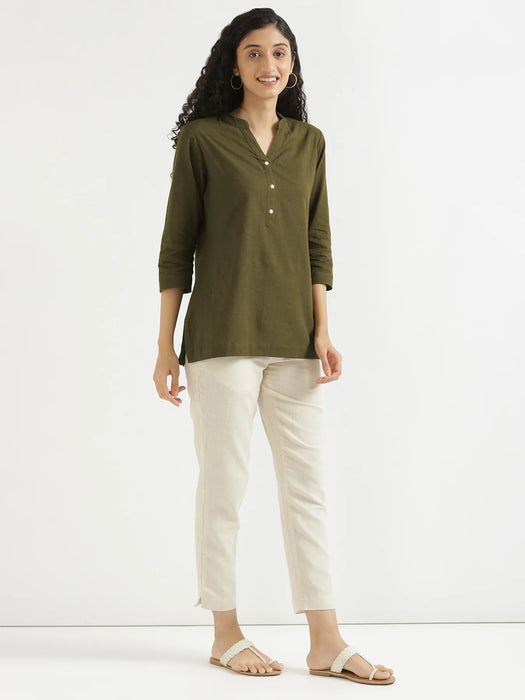 Women Olive Green Airy Linen Short Kurta