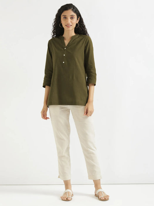 Women Olive Green Airy Linen Short Kurta
