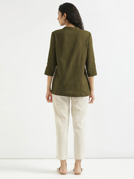 Women Olive Green Airy Linen Short Kurta