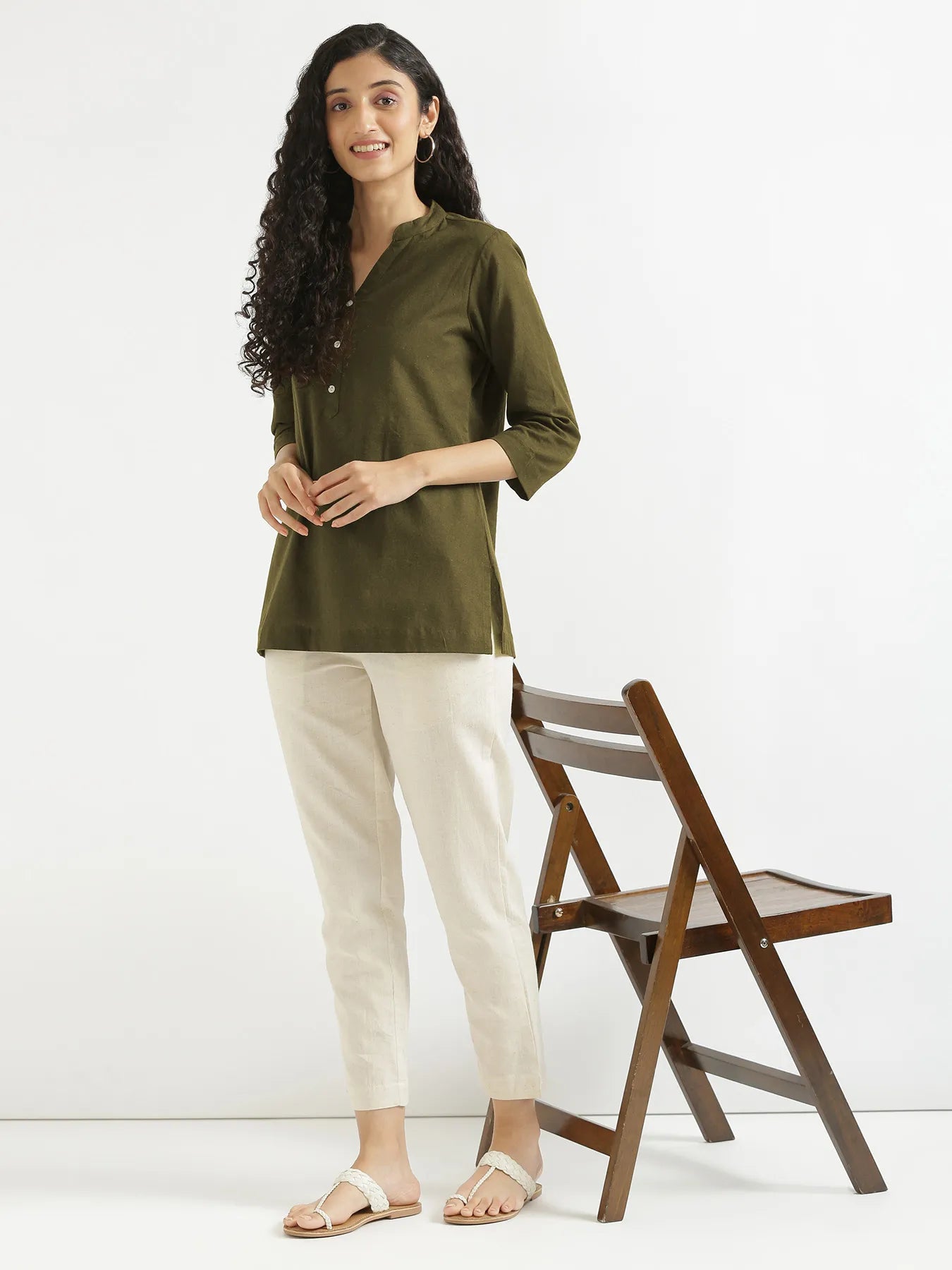 Women Olive Green Airy Linen Short Kurta