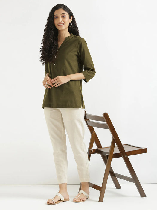 Women Olive Green Airy Linen Short Kurta