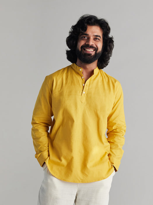 Men Yellow Airy Linen Short Kurta