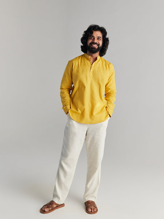 Men Yellow Airy Linen Short Kurta