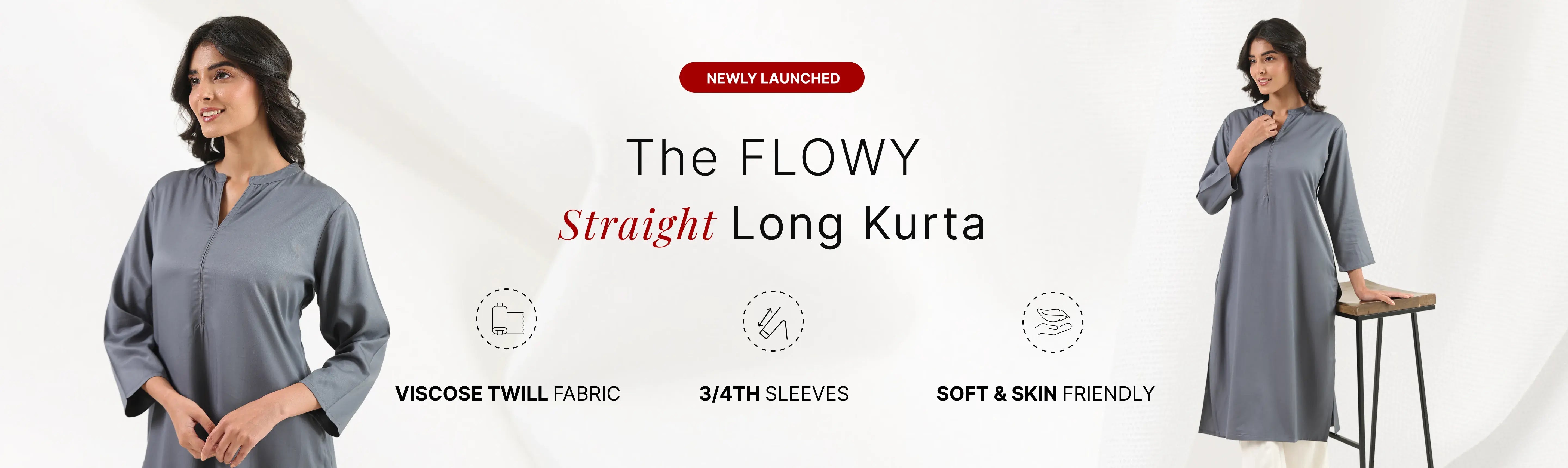 Women Flowy Straight Long Kurta banner desktop