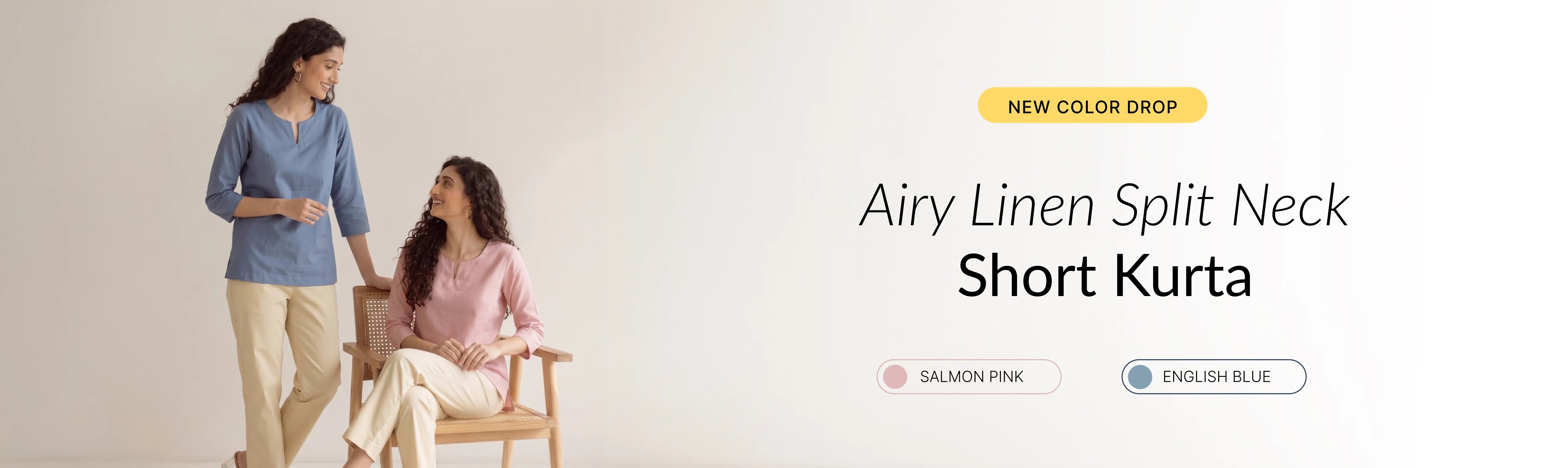 Women Airy Linen Split Neck Short Kurta banner desktop