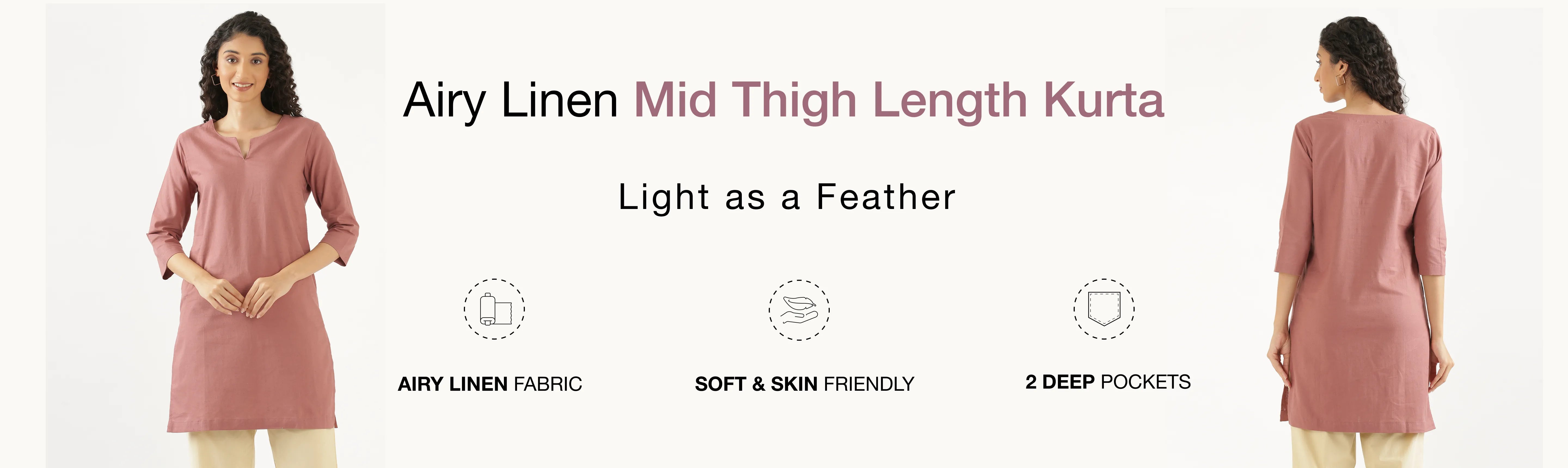 Women Airy Linen Mid Thigh Length Kurta banner desktop