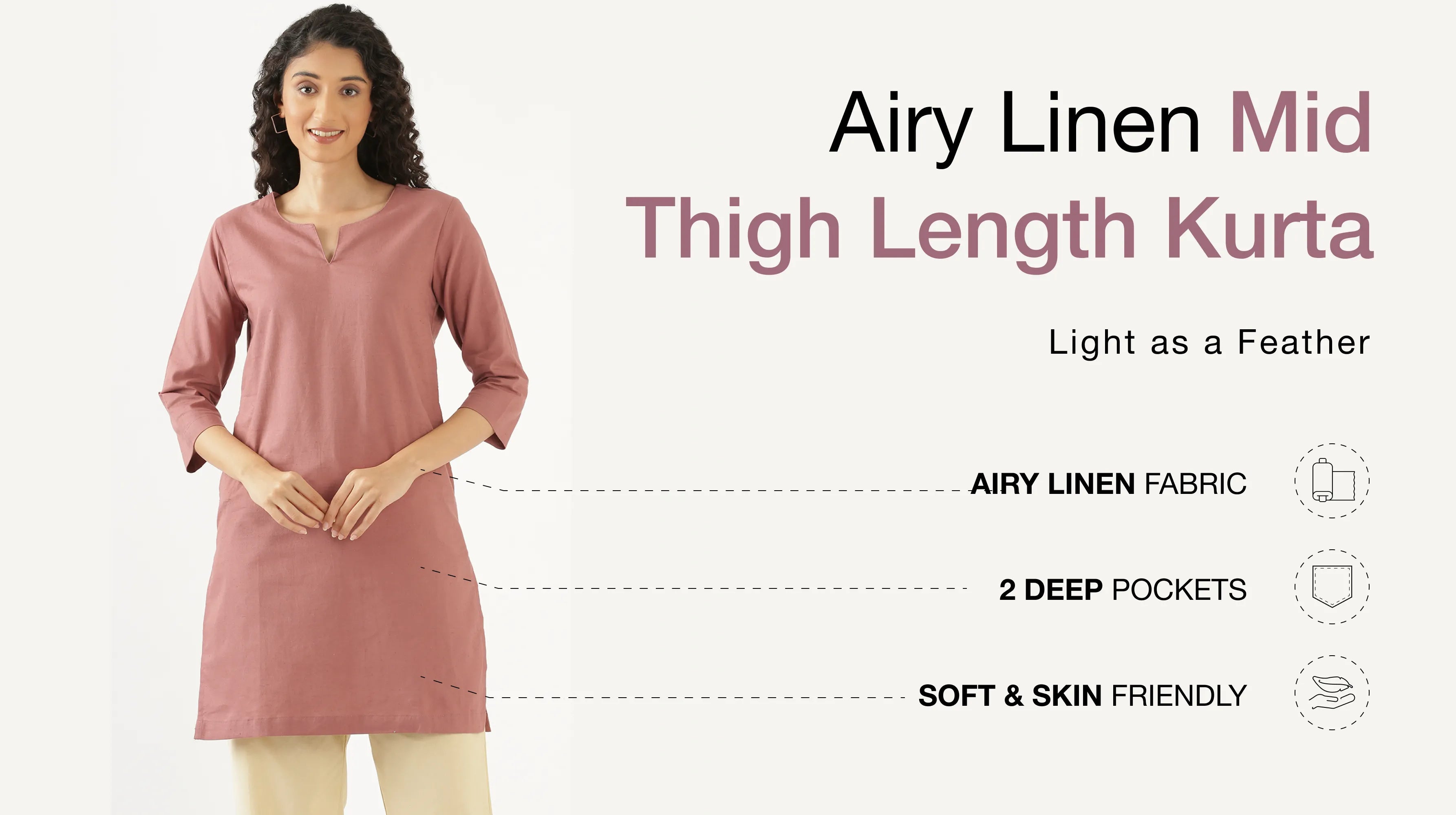Women Airy Linen Mid Thigh Length Kurta banner mobile