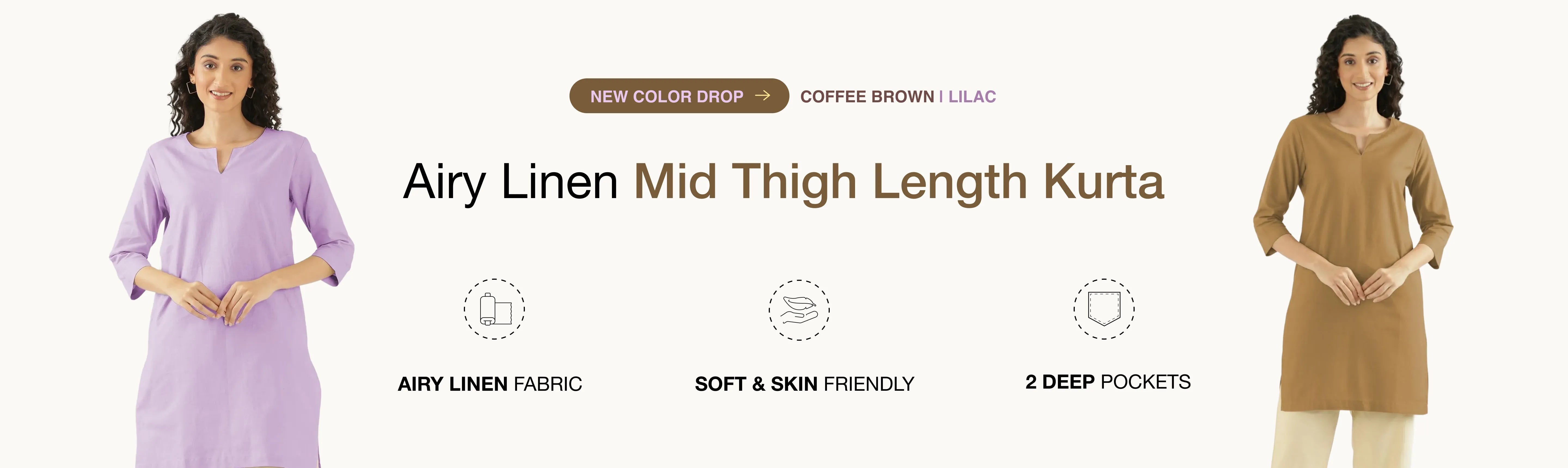 Women Airy Linen Mid Thigh Length Kurta banner desktop