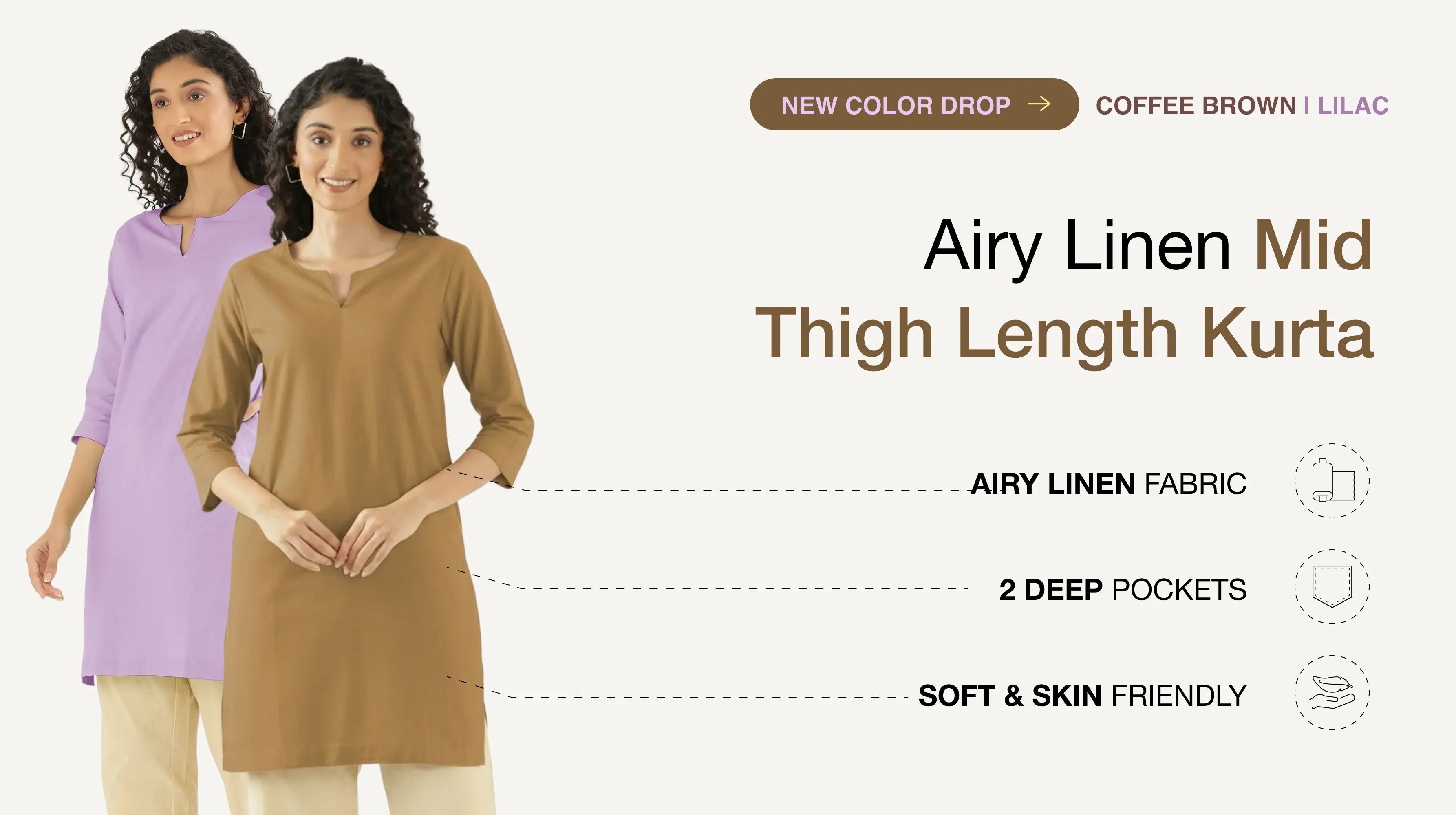 Women Airy Linen Mid Thigh Length Kurta banner mobile