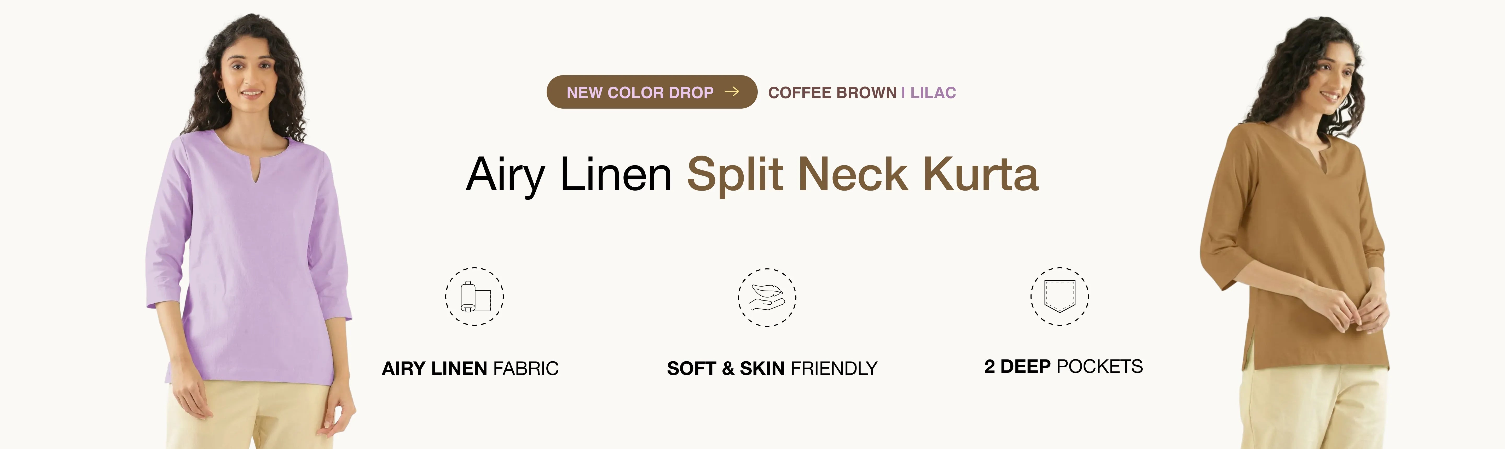 Women Airy Linen Split Neck Short Kurta banner desktop