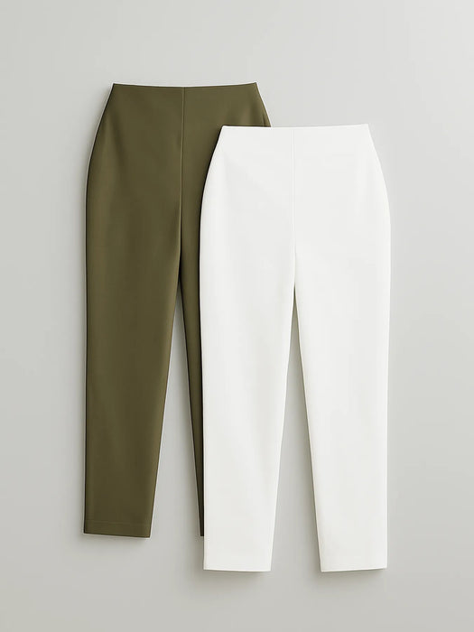 Women Olive Green & White Straight Fit Formal Pants