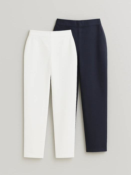 Women Navy Blue & White Straight Fit Formal Pants
