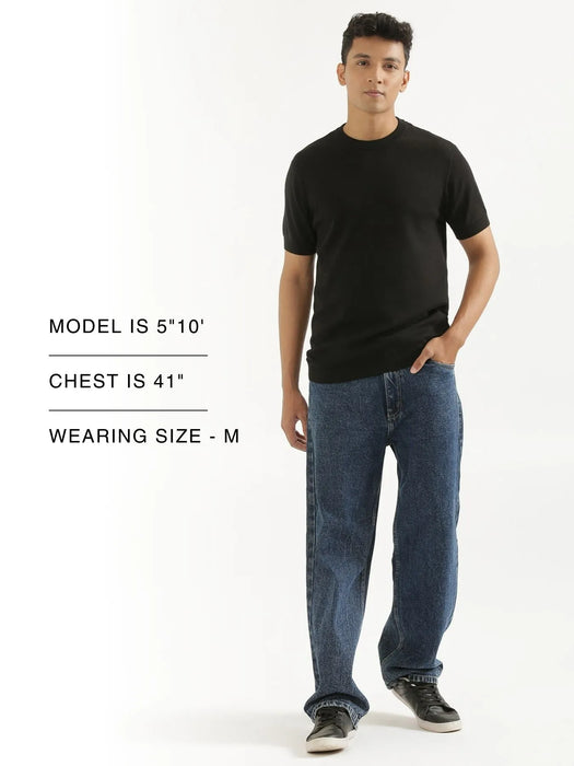 Men Black Flat Knit Round Neck T-shirt