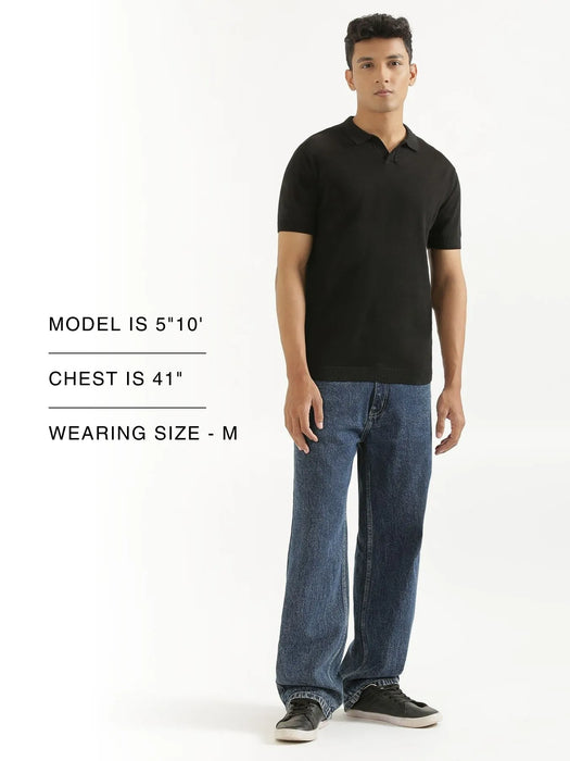 Men Black Flat Knit Collared T-shirt