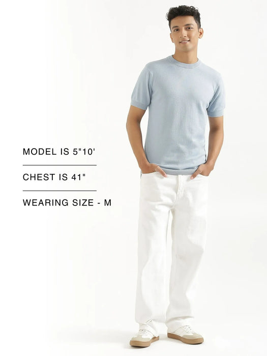 Men Light Blue Flat Knit Round Neck T-shirt
