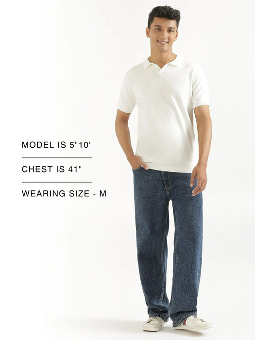 Men Off White Flat Knit Collared T-shirt