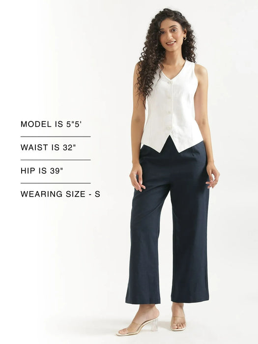 Women Navy Blue Linen Blend Wide Leg Pant