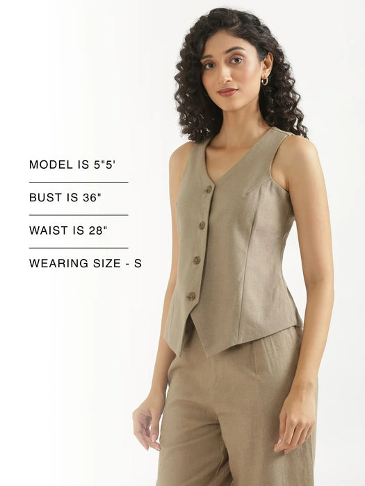 Women Khakhi Linen Blend Waist Coat
