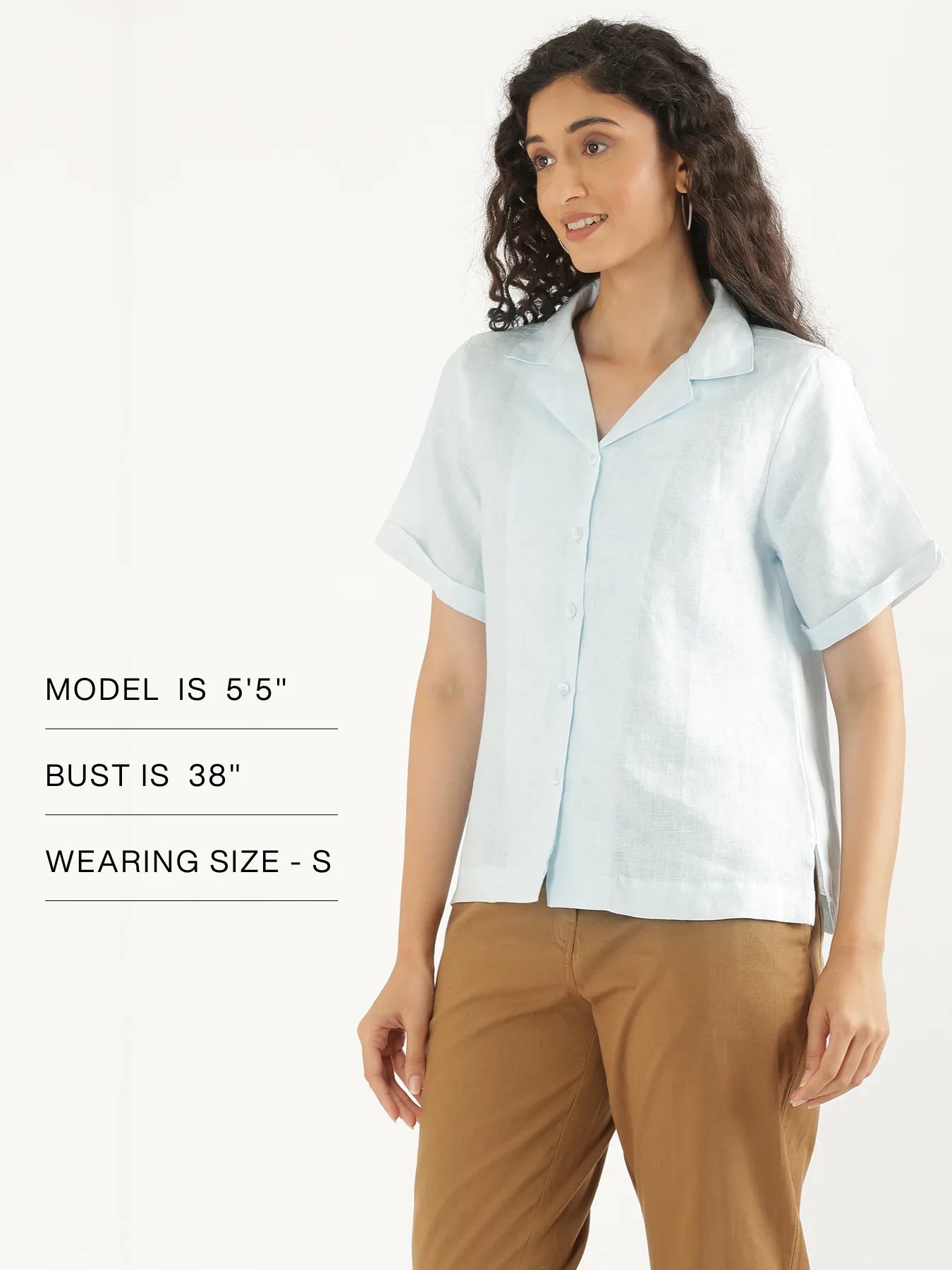 Women Light Blue Pure Linen Notch Collar Shirt