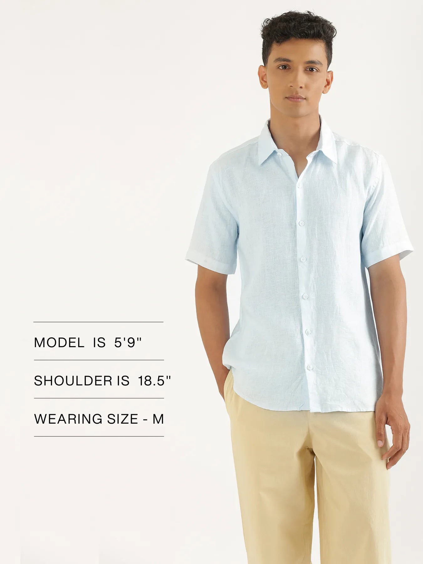 Men Light Blue Pure Linen Short Sleeve Shirt