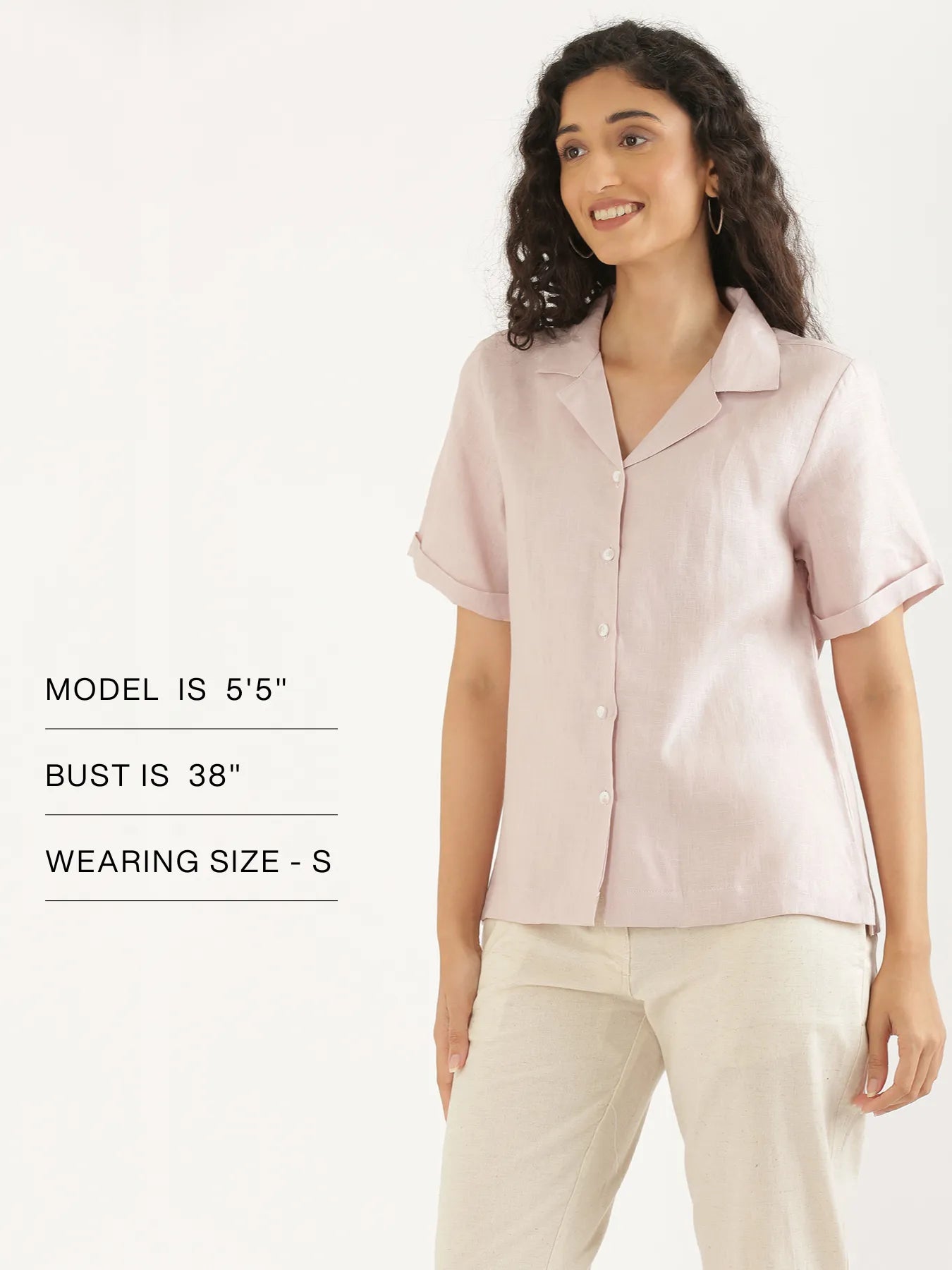 Women Light Pink Pure Linen Notch Collar Shirt