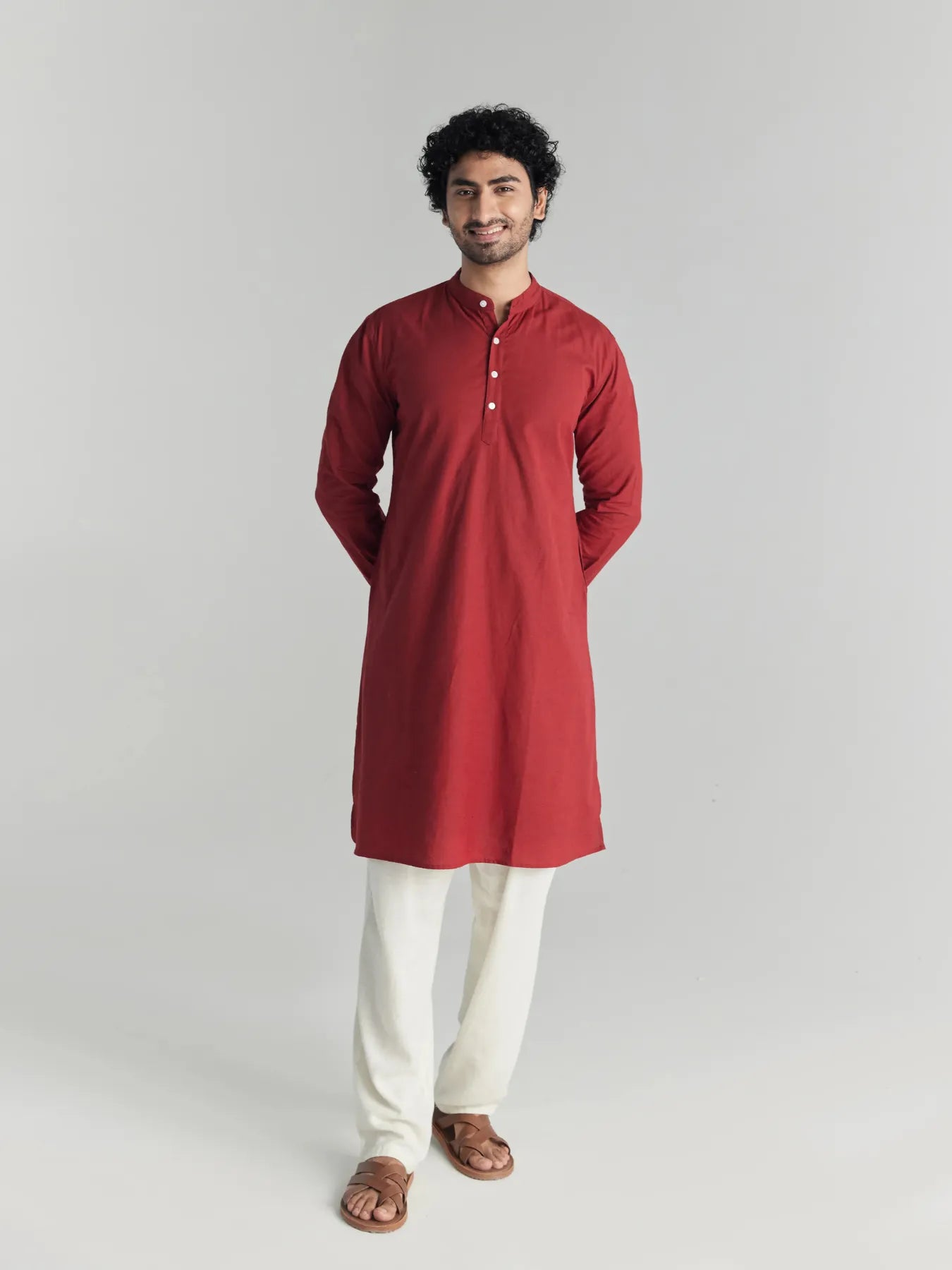 Men Maroon Airy Linen Long Kurta
