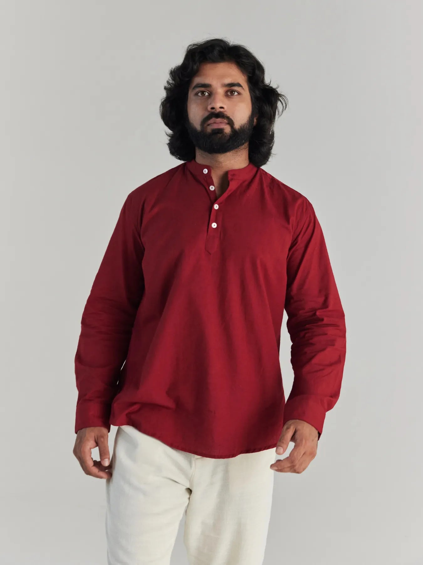 Men Maroon Airy Linen Short Kurta