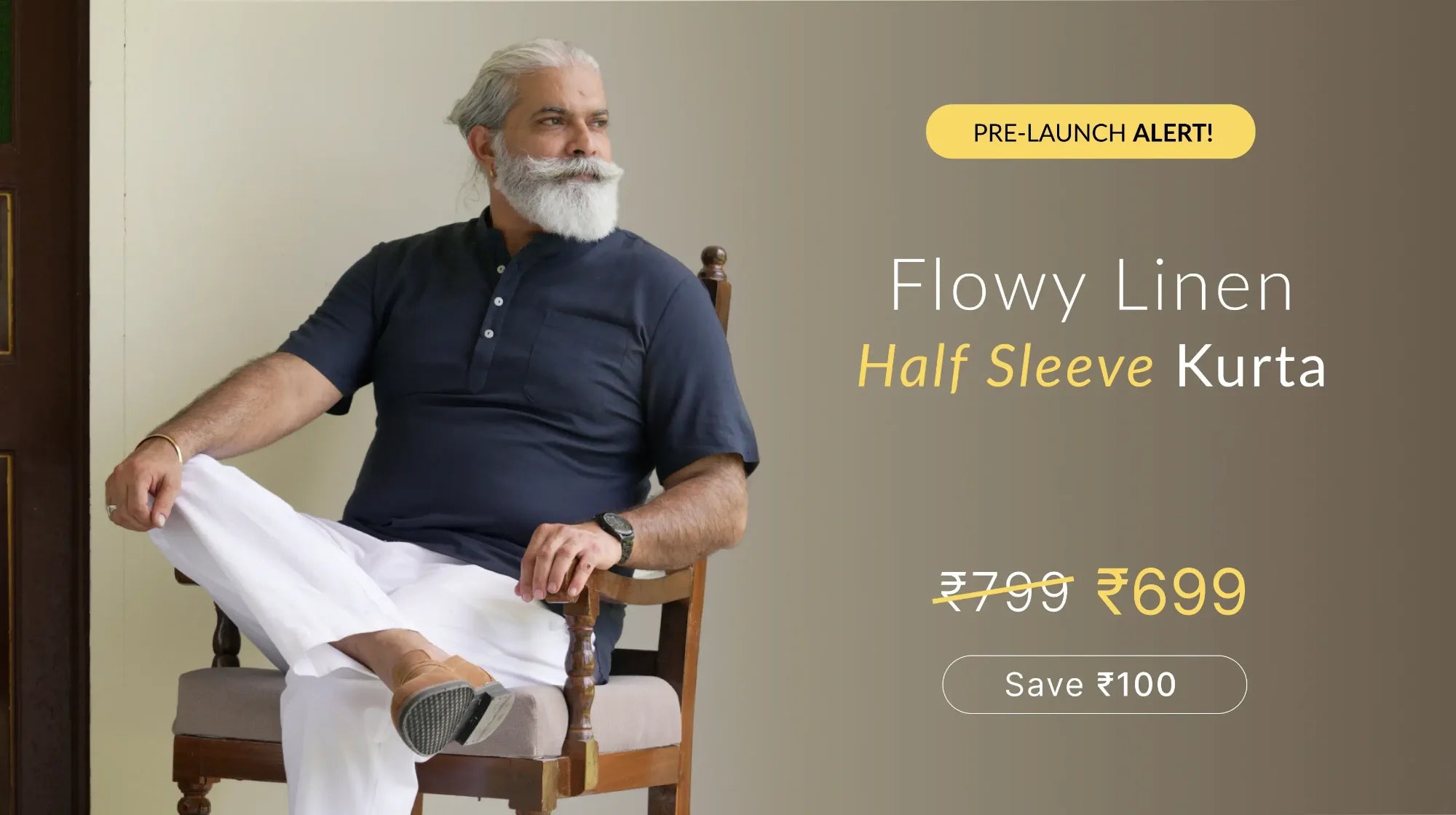 Men Flowy Linen Half Sleeve Kurta banner mobile