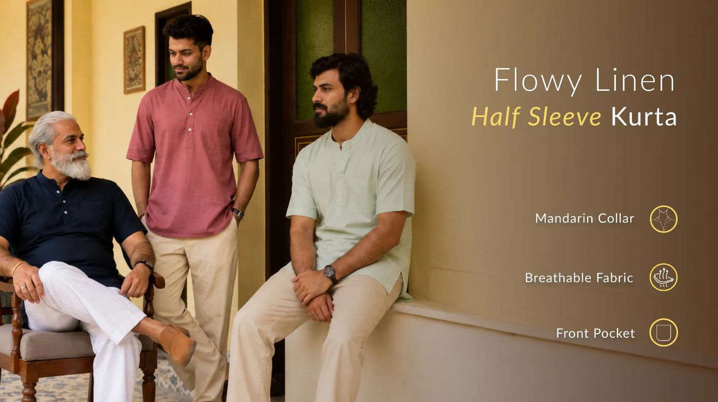 Men Flowy Linen Half Sleeve Kurta