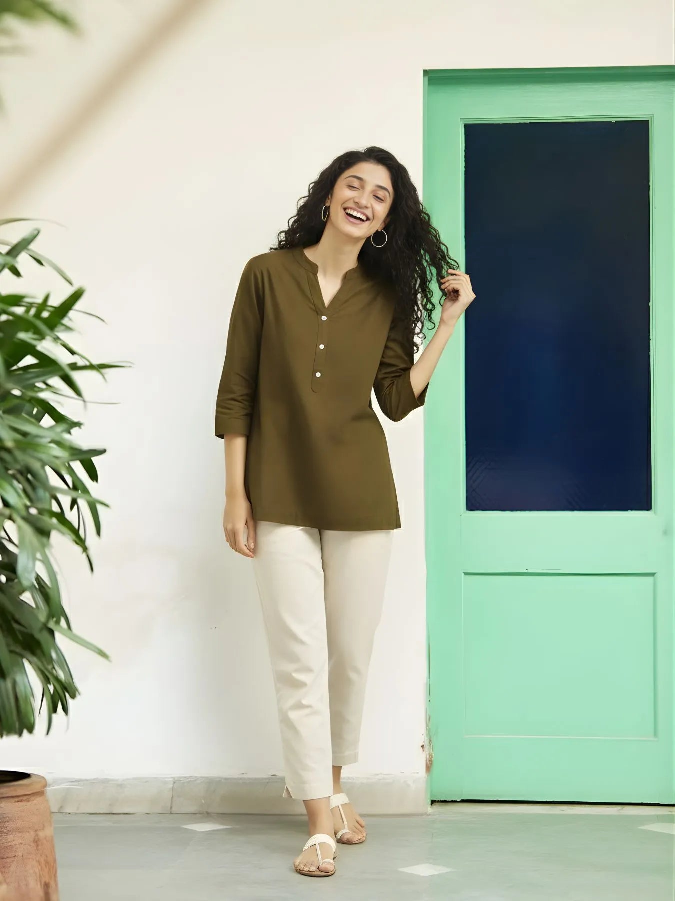 Women Olive Green Airy Linen Short Kurta & Beige Cotton Pant Set