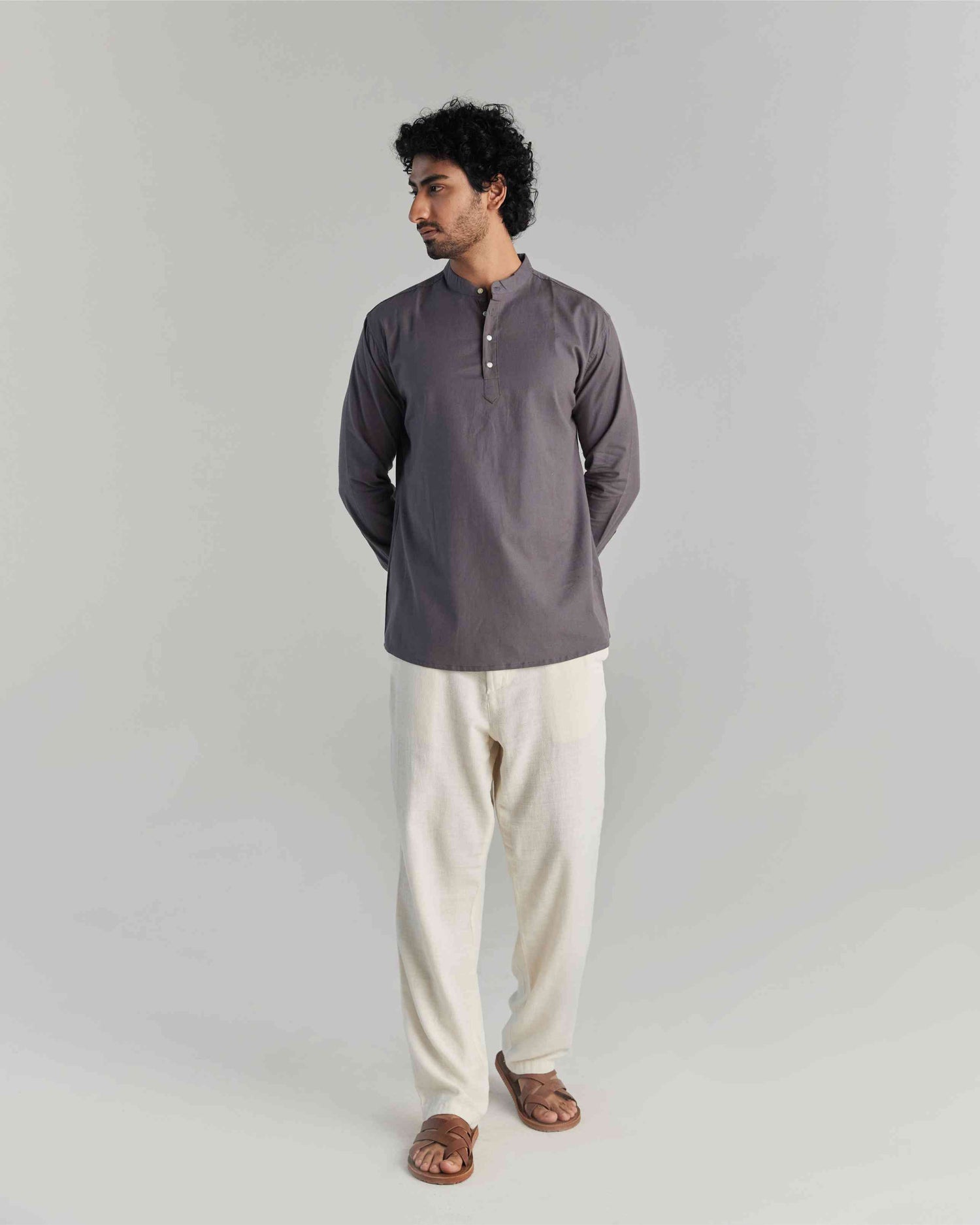 Men Grey Airy Linen Short Kurta