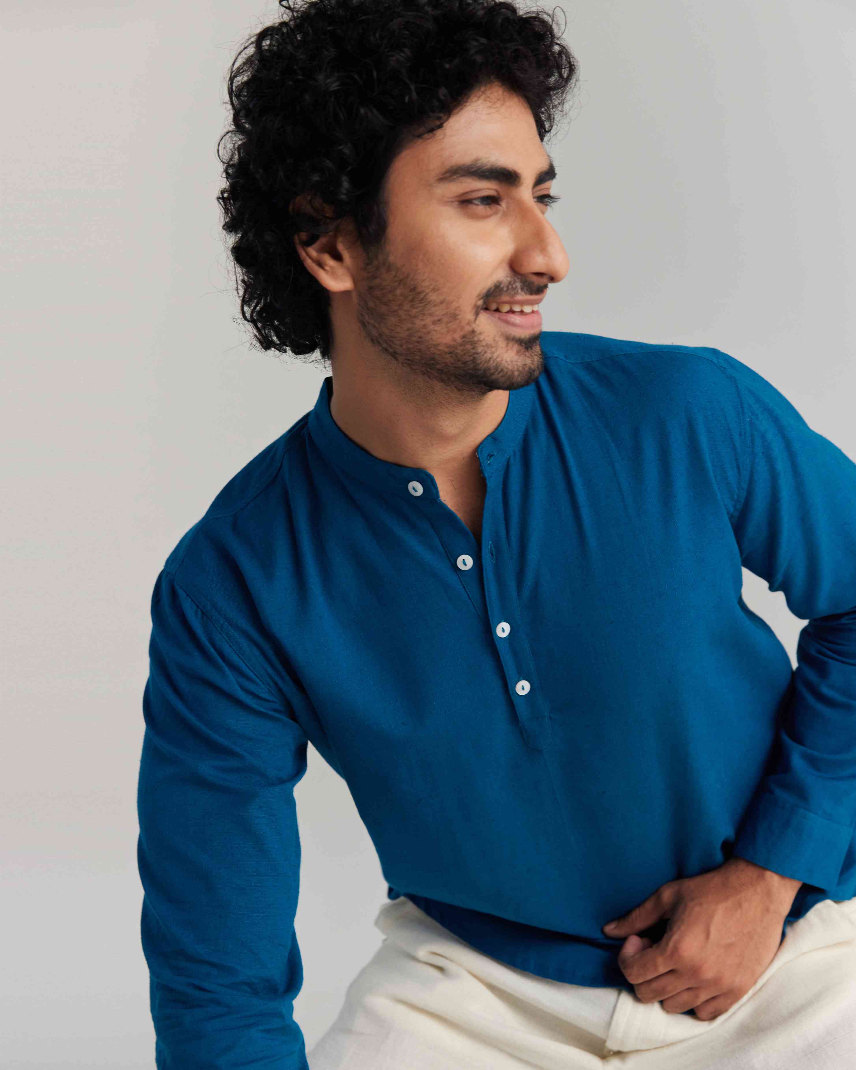 Men Turquoise Airy Linen Short Kurta