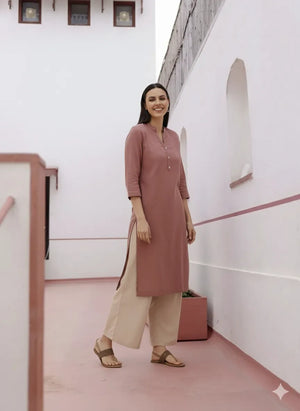 Women Rose Taupe Airy Linen Long Kurta & Beige Viscose Palazzo Pant Set