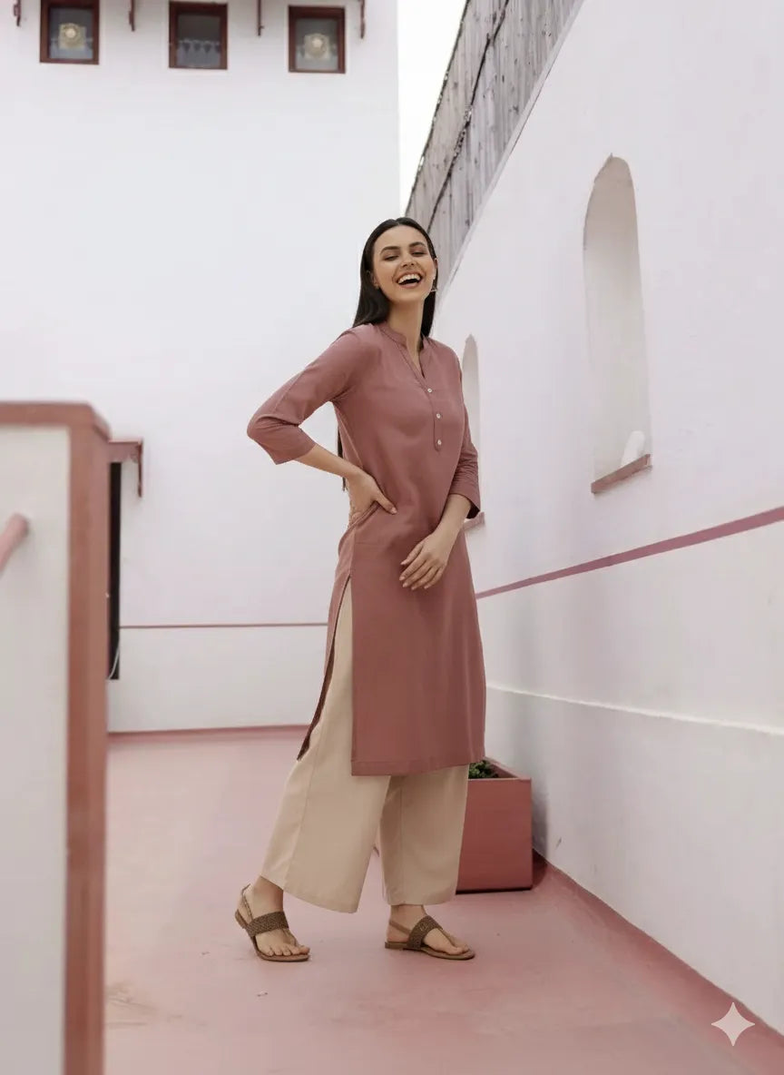 Women Rose Taupe Airy Linen Long Kurta & Beige Viscose Palazzo Pant Set