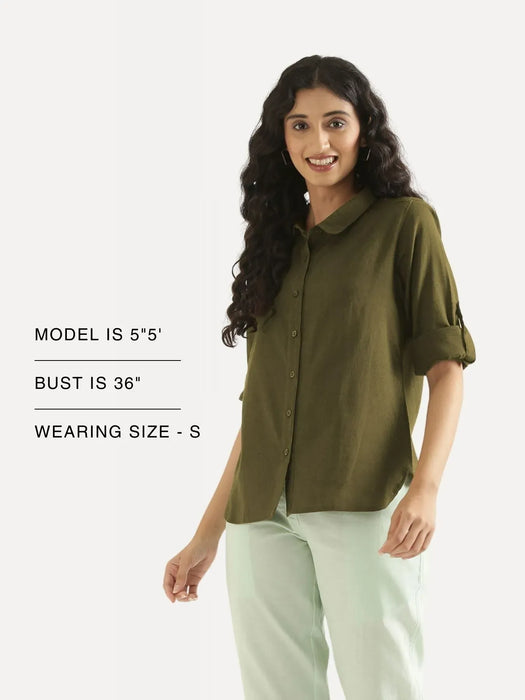 Women Olive Green Airy-Linen Shirt