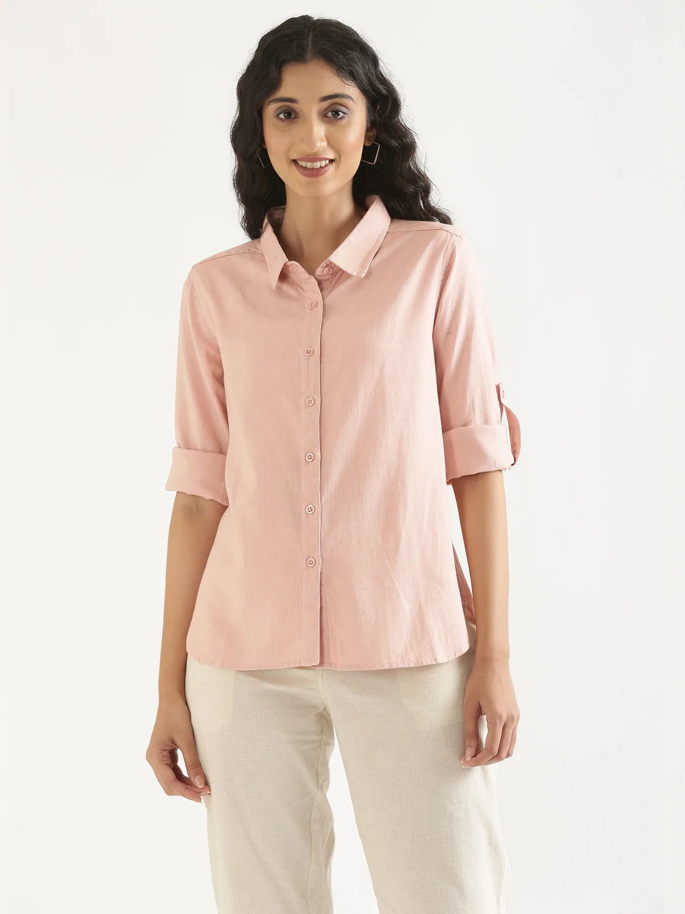 Women Salmon Pink Airy-Linen Shirt