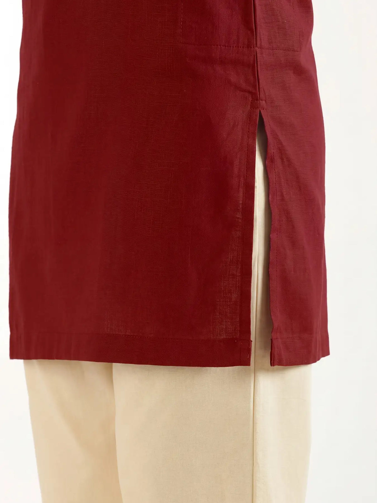 Women Maroon Airy Linen Mid Thigh Length Kurta